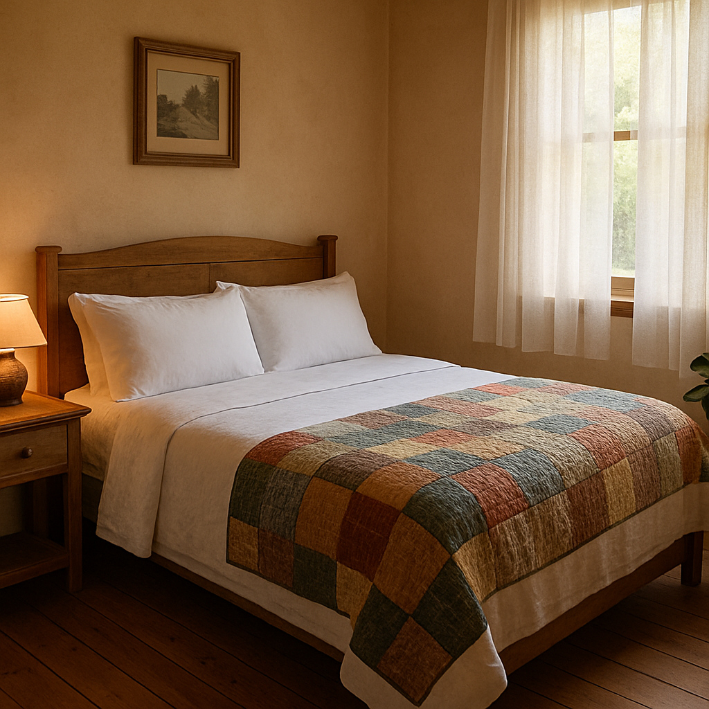 Cosy guest bedroom at Helen's Homestead with white linen, timber floors and morning light