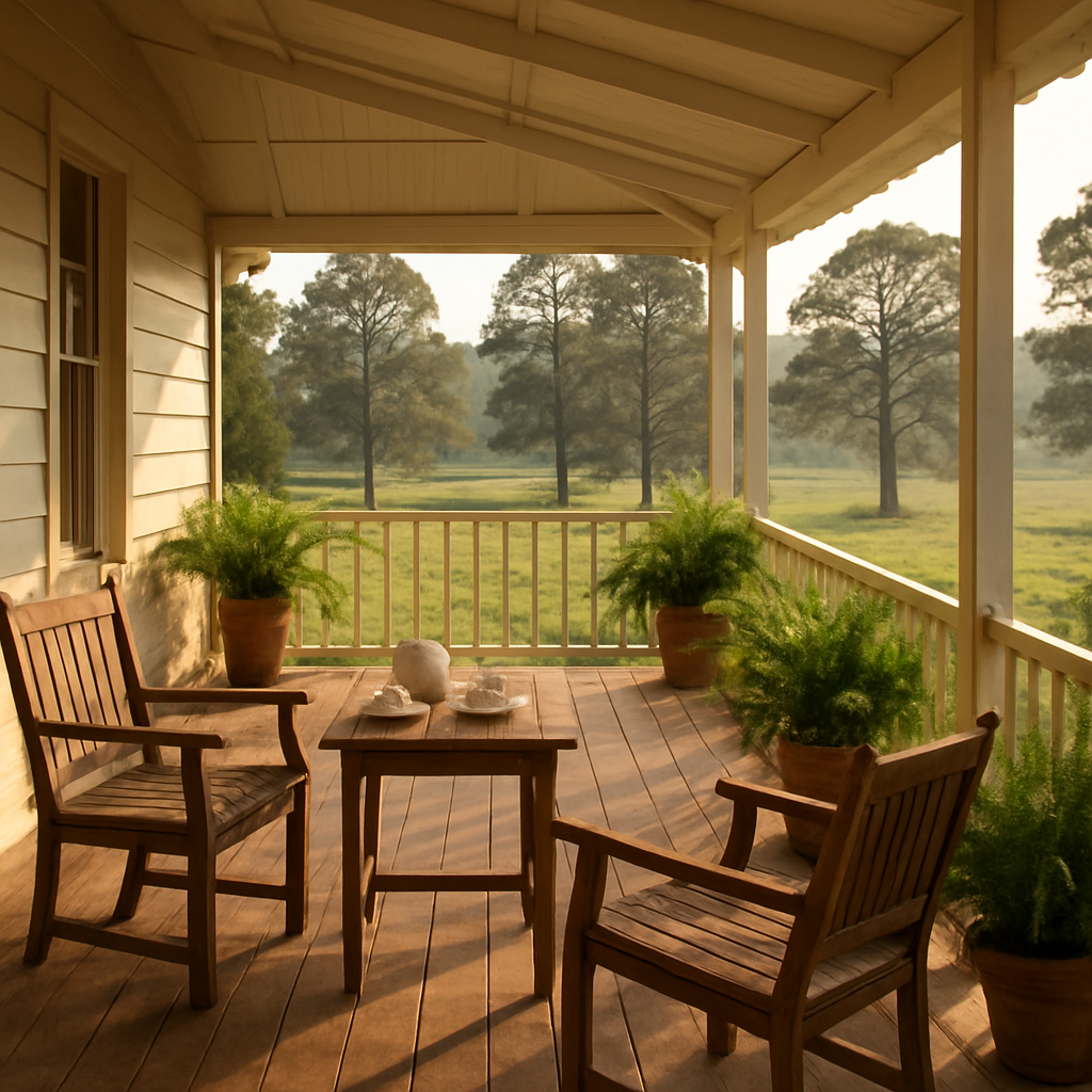 Charming farmhouse verandah at Helen's Homestead with timber chairs and views of pine trees