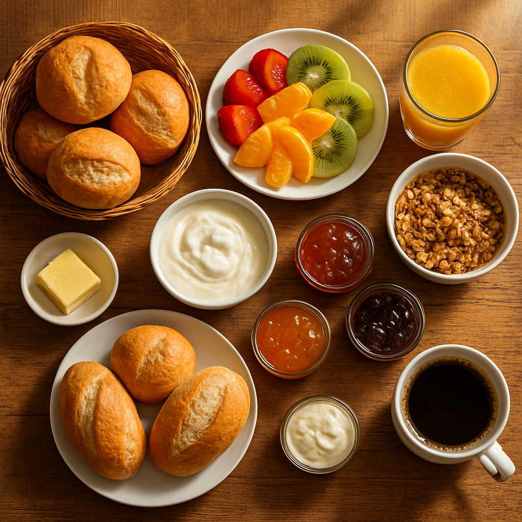 Continental breakfast spread with fresh bread, fruit, cereals and coffee
