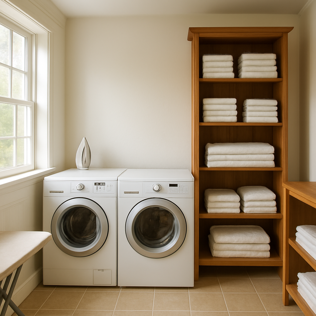 Clean and organised laundry room with washing machine and fresh towels
